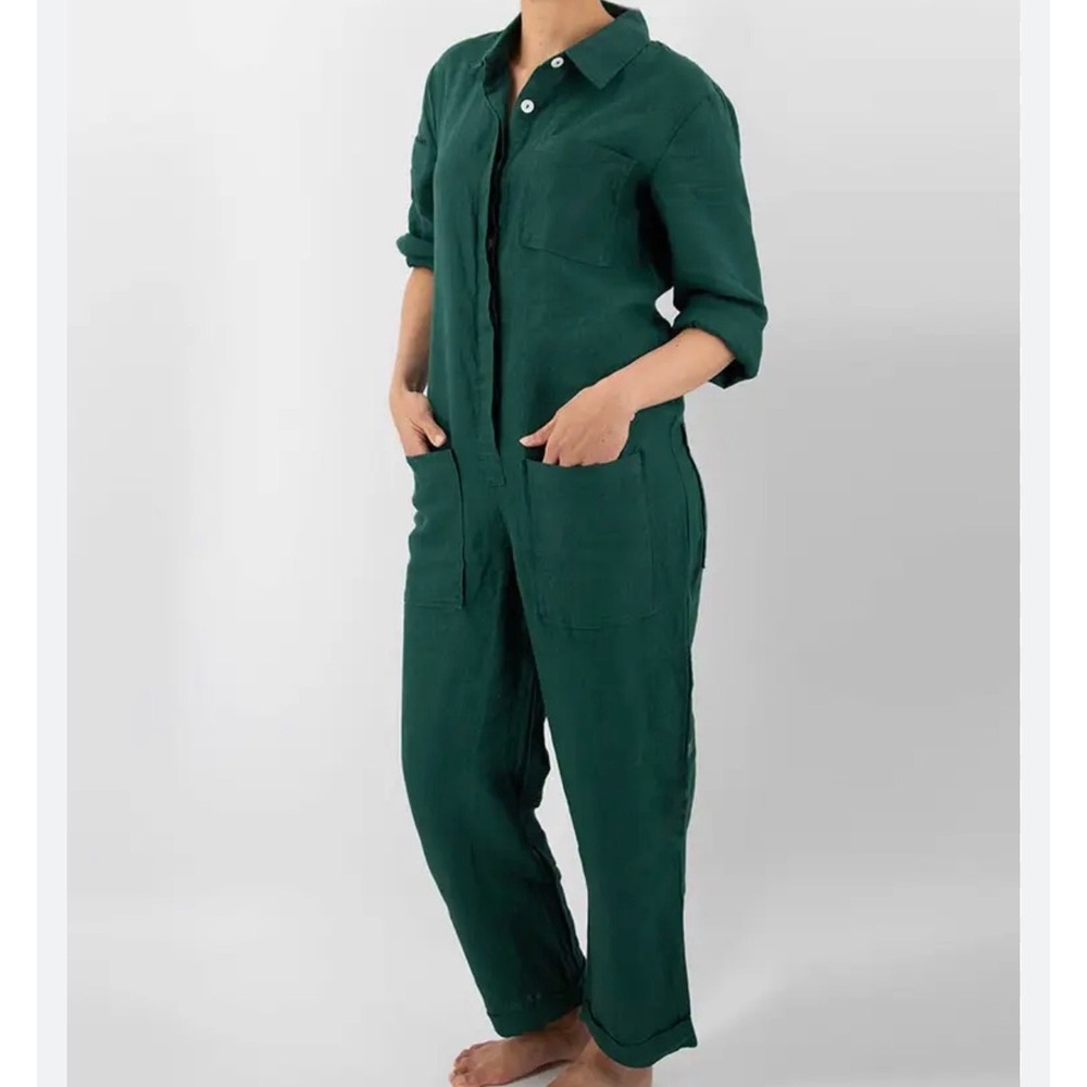 Sunday Morning Isabelle Linen Button Front Jumpsuit Green Large Long Sleeve